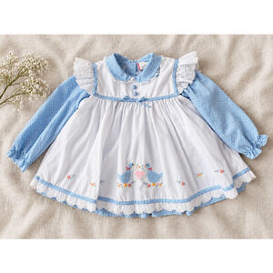 Vintage Baby Togs Blue Goose Pinafore Dress | Girls 24M | Embroidered Eyelet